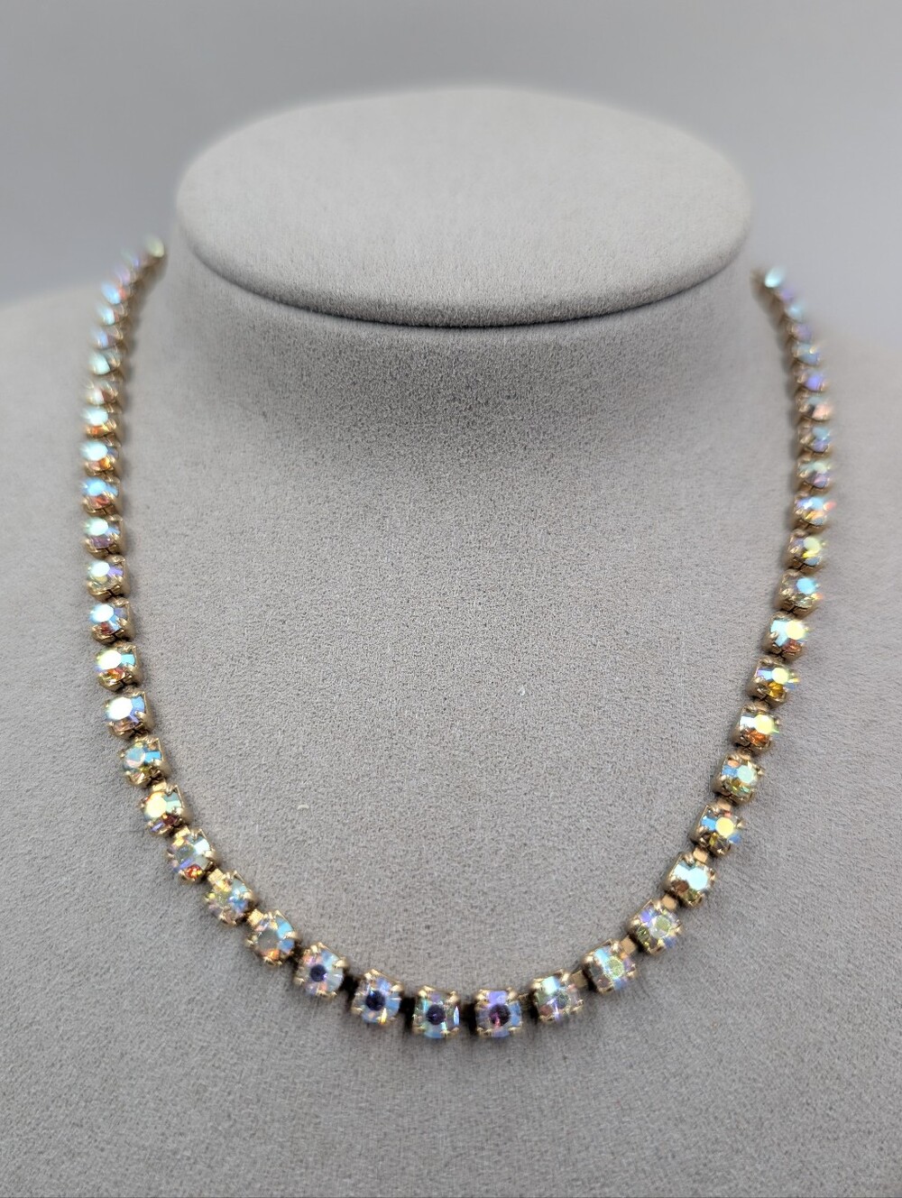 Aurora Borealis AB Rhinestone Tennis Necklace Gold Tone Glam | 142